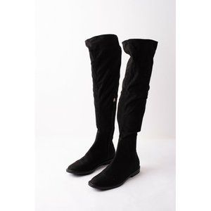 Zara Womens Flat Black Stretch Over Knee High Boot